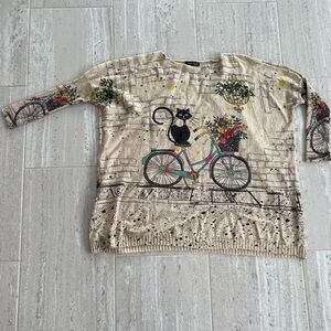 Cat & Bicycle Print Scoop Neck Sweater - Cream